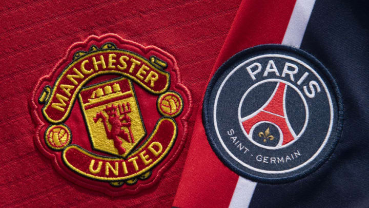 MANCHESTER, ENGLAND - NOVEMBER 25: The Manchester United and Paris Saint-Germain club badges on their home shirts on November 25, 2020 in Manchester, United Kingdom. (Photo by Visionhaus)
