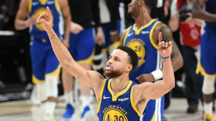 PORTLAND, OREGON - MAY 20: Stephen Curry #30 of the Golden State Warriors celebrates defeating the Portland Trail Blazers 119-117 during overtime in game four of the NBA Western Conference Finals to advance to the 2019 NBA Finals at Moda Center on May 20, 2019 in Portland, Oregon. NOTE TO USER: User expressly acknowledges and agrees that, by downloading and or using this photograph, User is consenting to the terms and conditions of the Getty Images License Agreement. (Photo by Steve Dykes/Getty Images)