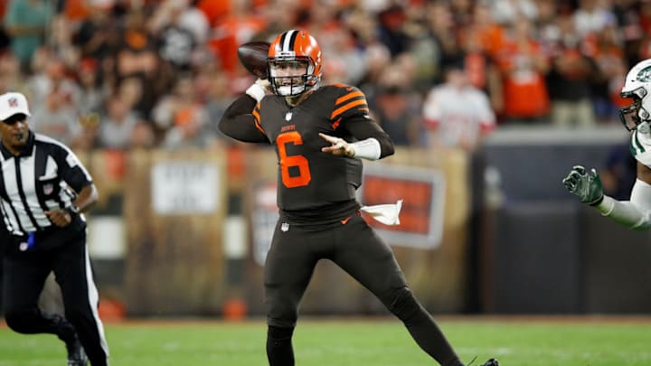 CLEVELAND, OH - SEPTEMBER 20: Baker Mayfield #6 of the Cleveland Browns throws a pass during the third quarter against the New York Jets at FirstEnergy Stadium on September 20, 2018 in Cleveland, Ohio. (Photo by Joe Robbins/Getty Images)