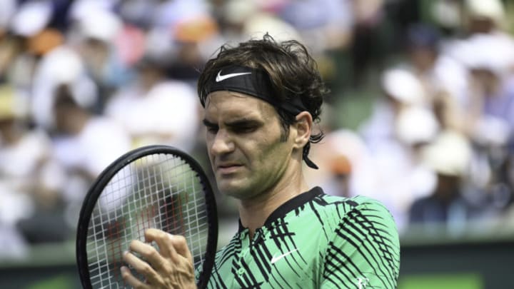KEY BISCAYNE, FL - APRIL 02: Roger Federer of Switzerland looks on against Rafael Nadal of Spain in the Men's Final at Crandon Park Tennis Center on April 2, 2017 in Key Biscayne, Florida. (Photo by Ron Elkman/Sports Imagery/Getty Images)