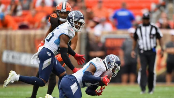 CLEVELAND, OH - SEPTEMBER 08: Malcolm Butler #21 of the Tennessee Titans intercepts a Cleveland Browns pass in the fourth quarter at FirstEnergy Stadium on September 08, 2019 in Cleveland, Ohio. Butler returned the interception for a touchdown as Tennessee defeated Cleveland 43-13. (Photo by Jamie Sabau/Getty Images)