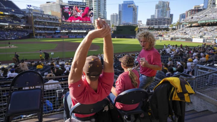 San Diego State Aztec basketball fans cheer as the Final Four game is shown during pregame at Petco Park. (Ray Acevedo-USA TODAY Sports)