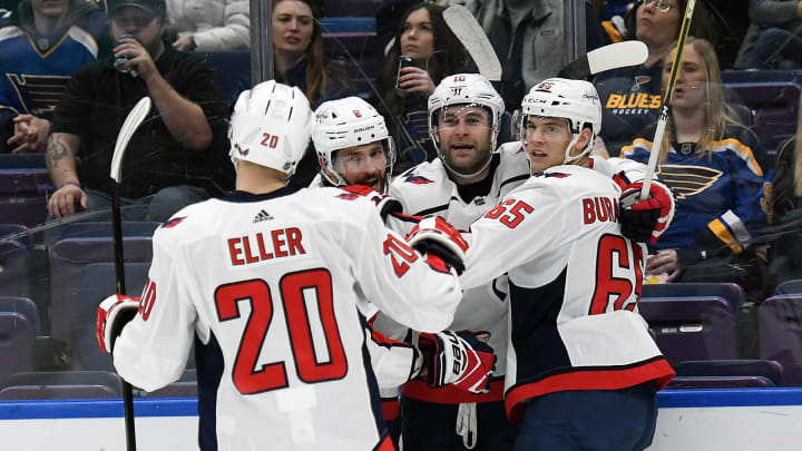 ST. LOUIS, MO. – JANUARY 03: Washington players celebrate after a goal in the second period during an NHL game between the Washington Capitals and the St. Louis Blues on January 03, 2019, at Enterprise Center, St. Louis, MO. (Photo by Keith Gillett/Icon Sportswire via Getty Images)