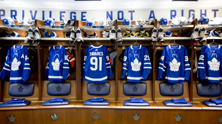 TORONTO, ON – JULY 1 –John Tavares jersey (91) hangs in the leafs locker room.The Toronto Maple Leafs have signed John Tavares for seven years, $77 million.July 1, 2018. (Carlos Osorio/Toronto Star via Getty Images)