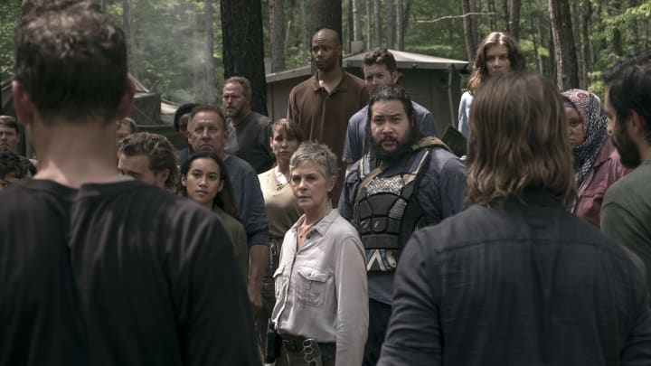 Melissa McBride as Carol Peletier, Cooper Andrews as Jerry, Lauren Cohan as Maggie Rhee, Sydney Park as Cyndie, Nadine Marissa as Nabila – Walking Dead _ Season 9, Episode 3 – Photo Credit: Gene Page/AMC