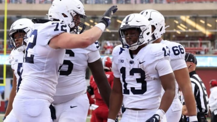 BLOOMINGTON, INDIANA – NOVEMBER 05: Kaytron Allen #13 of the Penn State Nittany Lions celebrates a touchdown with Bryce Effner #72 of the Penn State Nittany Lions in the game against the Indiana Hoosiers at Memorial Stadium on November 05, 2022 in Bloomington, Indiana. (Photo by Justin Casterline/Getty Images)