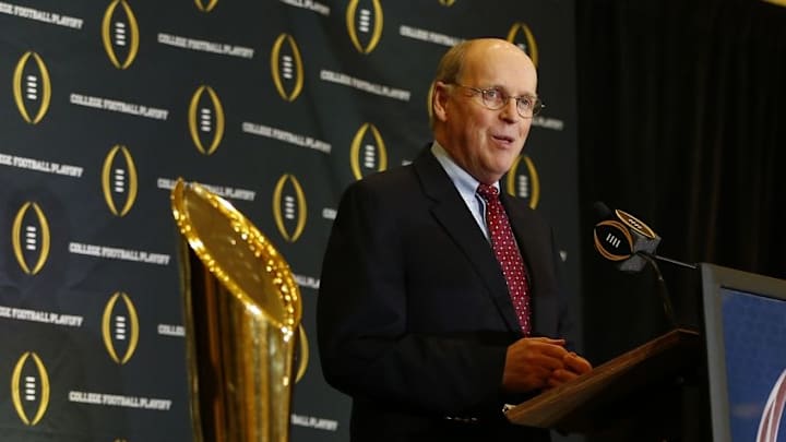 Dec 6, 2015; Grapevine, TX, USA; College football playoff executive director Bill Hancock speaks to the media during selection day at the Gaylord Texan Hotel. Mandatory Credit: Kevin Jairaj-USA TODAY Sports