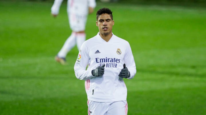 EIBAR, SPAIN - DECEMBER 20: Raphael Varane of Real Madrid during the La Liga Santander match between Eibar v Real Madrid at the Estadio Municipal de Ipurua on December 20, 2020 in Eibar Spain (Photo by David S. Bustamante/Soccrates/Getty Images)