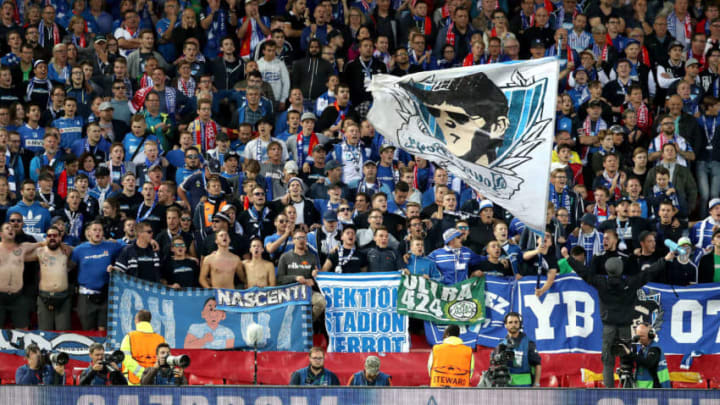 LIVERPOOL, ENGLAND - AUGUST 23: The Hoffenheim fans surport their team during the UEFA Champions League Qualifying Play-Offs round second leg match between Liverpool FC and 1899 Hoffenheim at Anfield on August 23, 2017 in Liverpool, United Kingdom. (Photo by Mark Robinson/Getty Images)