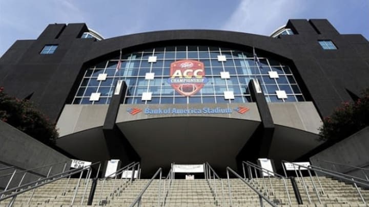 Dec. 3, 2011; Charlotte, NC, USA; The ACC logo hangs over an entrance before the game between the Clemson Tigers and the Virginia Tech Hokies at Bank of America Stadium. Mandatory Credit: Sam Sharpe-USA TODAY Sports
