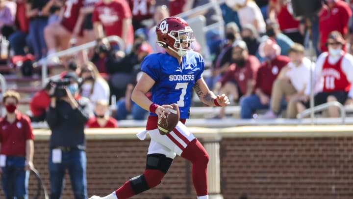 Apr 24, 2021; Norman, Oklahoma, USA; Oklahoma Sooners quarterback Spencer Rattler (7) passes the ball during the spring game at Gaylord Family-Oklahoma Memorial Stadium. Mandatory Credit: Kevin Jairaj-USA TODAY Sports