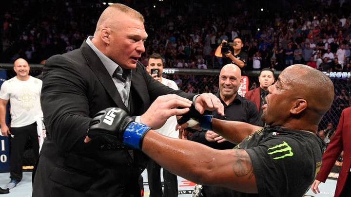LAS VEGAS, NV - JULY 07: Brock Lesnar confronts Daniel Cormier after his UFC heavyweight championship fight during the UFC 226 event inside T-Mobile Arena on July 7, 2018 in Las Vegas, Nevada. (Photo by Josh Hedges/Zuffa LLC/Zuffa LLC via Getty Images)