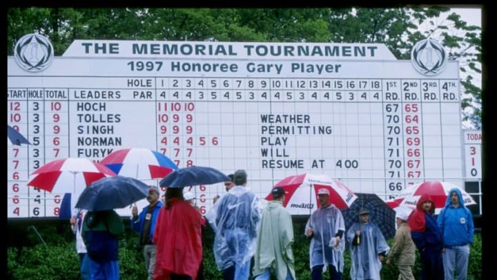 31 May 1997: The crowd waits because of a rain delay during The Memorial Tournament at Muirfield Village Golf Course in Dublin, Ohio.