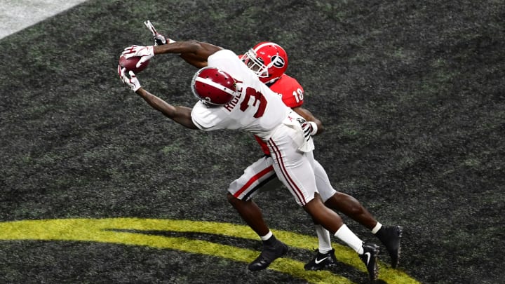 ATLANTA, GA – JANUARY 08: Calvin Ridley #3 of the Alabama Crimson Tide is unable to make a catch in the end zone against Deandre Baker #18 of the Georgia Bulldogs in the CFP National Championship presented by AT&T at Mercedes-Benz Stadium on January 8, 2018, in Atlanta, Georgia. (Photo by Scott Cunningham/Getty Images)