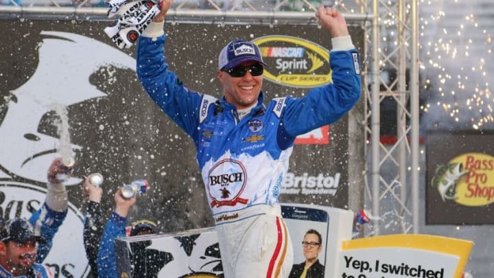 Aug 21, 2016; Bristol, TN, USA; NASCAR Sprint Cup Series driver Kevin Harvick (4) after winning the rain delayed Bass Pro Shops NRA Night Race at Bristol Motor Speedway. Mandatory Credit: Randy Sartin-USA TODAY Sports