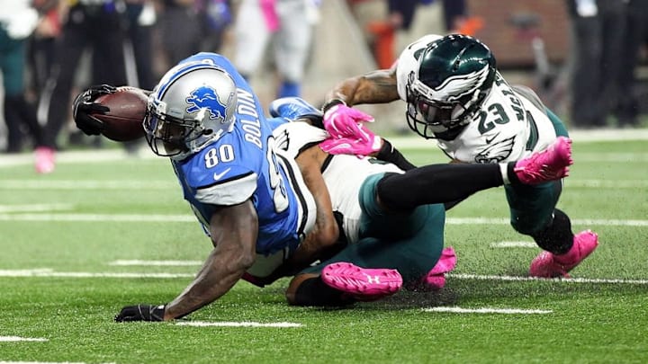 Oct 9, 2016; Detroit, MI, USA; Detroit Lions wide receiver Anquan Boldin (80) is tackled by Philadelphia Eagles free safety Rodney McLeod (23) during the first quarter of a game at Ford Field. Mandatory Credit: Mike Carter-USA TODAY Sports