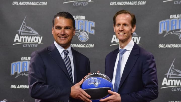 ORLANDO, FL - MAY 24: Orlando Magic CEO Alex Martins and Jeff Weltman pose for a photo during a press conference on May 24, 2017 at Amway Center in Orlando, Florida. NOTE TO USER: User expressly acknowledges and agrees that, by downloading and or using this photograph, User is consenting to the terms and conditions of the Getty Images License Agreement. Mandatory Copyright Notice: Copyright 2017 NBAE (Photo by Fernando Medina/NBAE via Getty Images)