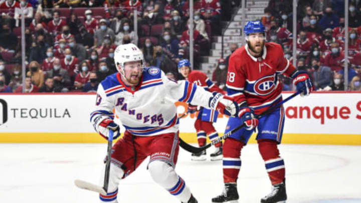 MONTREAL, QC – OCTOBER 16: Alexis Lafrenière #13 of the New York Rangers skates against the Montreal Canadiens during the first period at Centre Bell on October 16, 2021, in Montreal, Canada. The New York Rangers defeated the Montreal Canadiens 3-1. (Photo by Minas Panagiotakis/Getty Images)