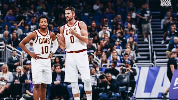 Cleveland Cavaliers guard Darius Garland (#10) and Cleveland big Kevin Love. (Photo by Harry Aaron/Getty Images