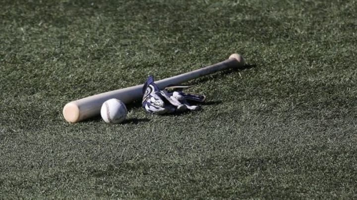 May 2, 2013; Toronto, ON, Canada; A bat and a baseball and a batting glove on the turf field during batting practice before the Toronto Blue Jays game against the Boston Red Sox at Rogers Centre. The Red Sox beat the Blue Jays 3-1. Mandatory Credit: Tom Szczerbowski-USA TODAY Sports