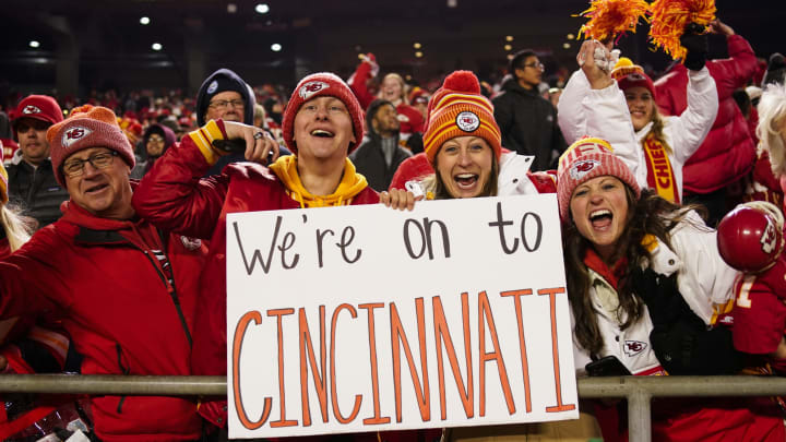 Jan 23, 2022; Kansas City, Missouri, USA; Kansas City Chiefs fans celebrate following the win against the Buffalo Bills in overtime in the AFC Divisional playoff football game at GEHA Field at Arrowhead Stadium. Mandatory Credit: Jay Biggerstaff-USA TODAY Sports