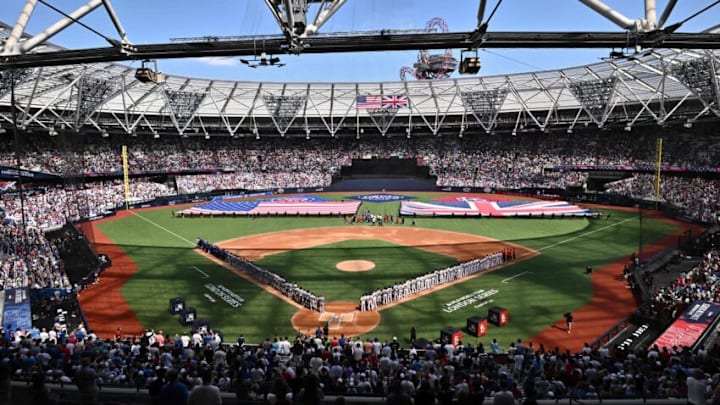Players line up for the national anthems ahead of the second of the two-game, 2023 major league baseball London Series between the St Louis Cardinals and the Chicago Cubs at London Stadium in east London on June 25, 2023. (Photo by Ben Stansall / AFP) / RESTRICTED TO EDITORIAL USE (Photo by BEN STANSALL/AFP via Getty Images)
