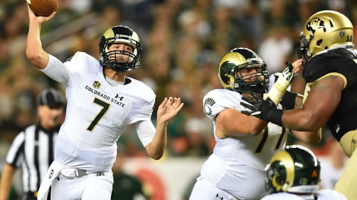 DENVER, CO - SEPTEMBER 2: Quarterback Nick Stevens #7 of the Colorado State Rams passes against the Colorado Buffaloes during the second half of a game at Sports Authority Field at Mile High on September 2, 2016 in Denver, Colorado. (Photo by Dustin Bradford/Getty Images)