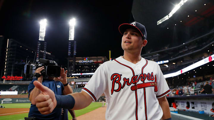 ATLANTA, GEORGIA - MAY 15: Austin Riley #27 of the Atlanta Braves is interviewed after his MLB debut in their 4-0 win over the St. Louis Cardinals at SunTrust Park on May 15, 2019 in Atlanta, Georgia. (Photo by Kevin C. Cox/Getty Images)