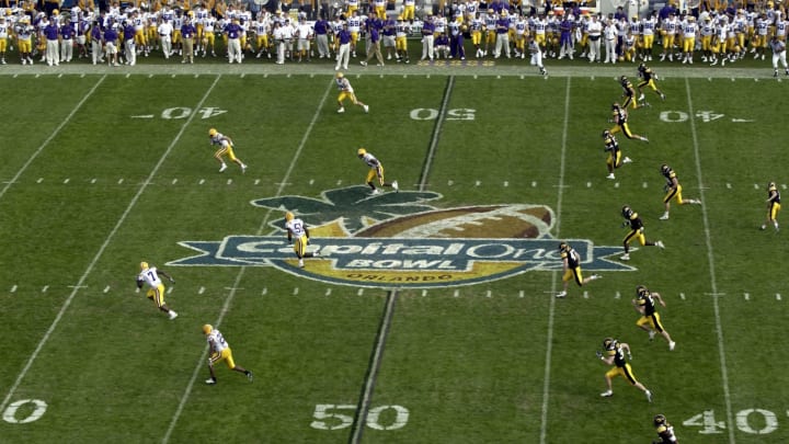 ORLANDO, FL – JANUARY 1: The Iowa Hawkeyes kick off after scoring a touchdown against the LSU Tigers during the Capital One Bowl at the Florida Citrus Bowl on January 1, 2005 in Orlando, Florida. (Photo by Matt Stroshane/Getty Images)