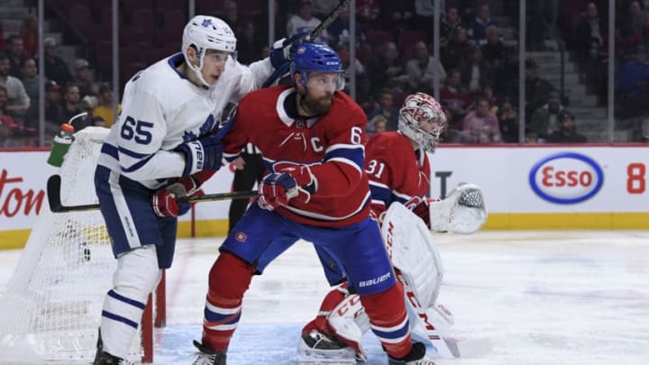 MONTREAL, QC - OCTOBER 26: Ilya Mikheyev #65 of the Toronto Maple Leafs tries to position himself to deflect a shot while being challenged by Shea Weber #6 of the Montreal Canadiens in the NHL game at the Bell Centre on October 26, 2019 in Montreal, Quebec, Canada. (Photo by Francois Lacasse/NHLI via Getty Images)