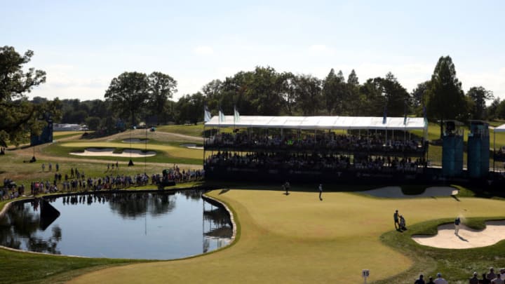 WILMINGTON, DELAWARE - AUGUST 20: Corey Conners of Canada plays a shot from a bunker on the 15th hole during the third round of the BMW Championship at Wilmington Country Club on August 20, 2022 in Wilmington, Delaware. (Photo by Rob Carr/Getty Images)