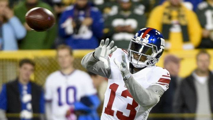 Oct 9, 2016; Green Bay, WI, USA; New York Giants wide receiver Odell Beckham Jr. (13) warms up before game against the Green Bay Packers at Lambeau Field. Mandatory Credit: Benny Sieu-USA TODAY Sports