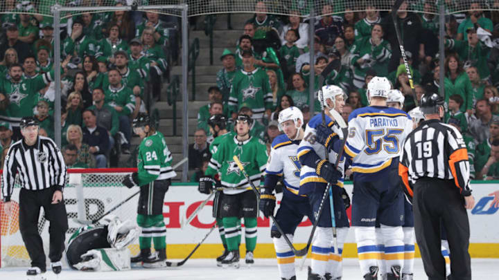 DALLAS, TX - MAY 5: Colton Parayko #55 and the St. Louis Blues celebrate a goal against the Dallas Stars in Game Six of the Western Conference Second Round during the 2019 NHL Stanley Cup Playoffs at the American Airlines Center on May 5, 2019 in Dallas, Texas. (Photo by Glenn James/NHLI via Getty Images)
