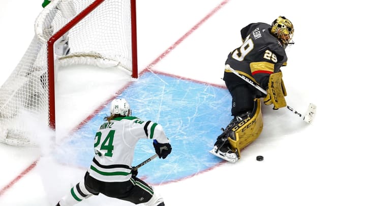 Marc-Andre Fleury #29 of the Vegas Golden Knights makes the save against Roope Hintz #24 of the Dallas Stars