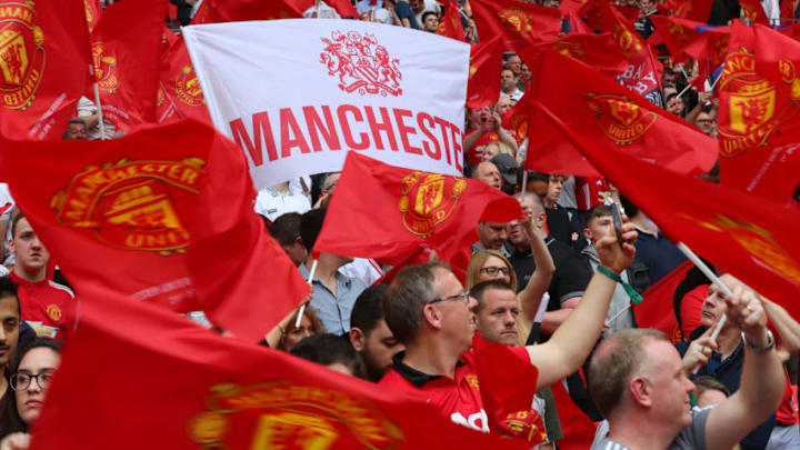 LONDON, ENGLAND - APRIL 21: Manchester United fans with flags and banners during The Emirates FA Cup Semi Final between Manchester United and Tottenham Hotspur at Wembley Stadium on April 21, 2018 in London, England. (Photo by Catherine Ivill/Getty Images)