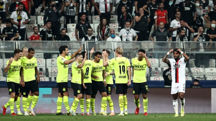 Borussia Dortmund players celebrate after scoring a goal against Besiktas (Photo by Onur Coban/Anadolu Agency via Getty Images)