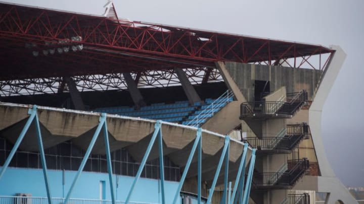 A picture taken on February 4, 2017 shows the dammaged roof of the Rio Alto grandstand in the Balaidos stadium in Vigo caused by heavy wind.Dammages that will may oblige Vigo's mayor to cancel for security reasons the Spanish Liga football game Celta vs Real Madrid of February 5. / AFP / MIGUEL RIOPA (Photo credit should read MIGUEL RIOPA/AFP/Getty Images)