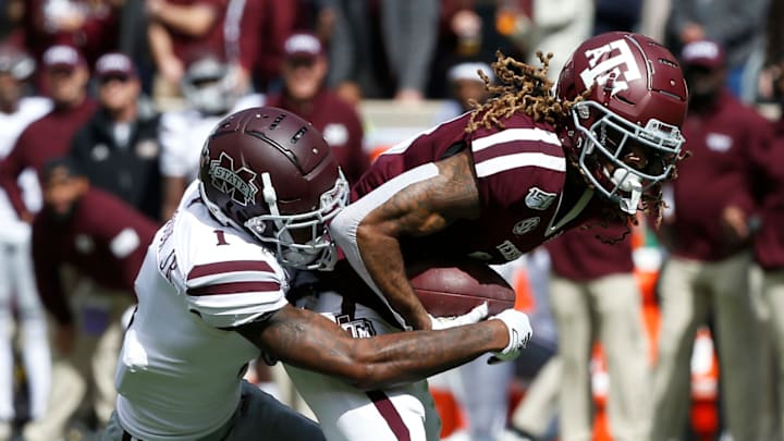 COLLEGE STATION, TEXAS – OCTOBER 26: Kendrick Rogers #13 of the Texas A&M Aggies scores on a 16 yard pass as Martin Emerson #1 of the Mississippi State Bulldogs is unable to keep him out of the endzone during the second quarter at Kyle Field on October 26, 2019 in College Station, Texas. (Photo by Bob Levey/Getty Images)