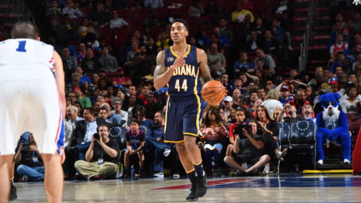 PHILADELPHIA,PA - APRIL 10 : Jeff Teague #44 of the Indiana Pacers dribbles up court against the Philadelphia 76ers at Wells Fargo Center on April 10, 2017 in Philadelphia, Pennsylvania NOTE TO USER: User expressly acknowledges and agrees that, by downloading and/or using this Photograph, user is consenting to the terms and conditions of the Getty Images License Agreement. Mandatory Copyright Notice: Copyright 2017 NBAE (Photo by Jesse D. Garrabrant/NBAE via Getty Images)