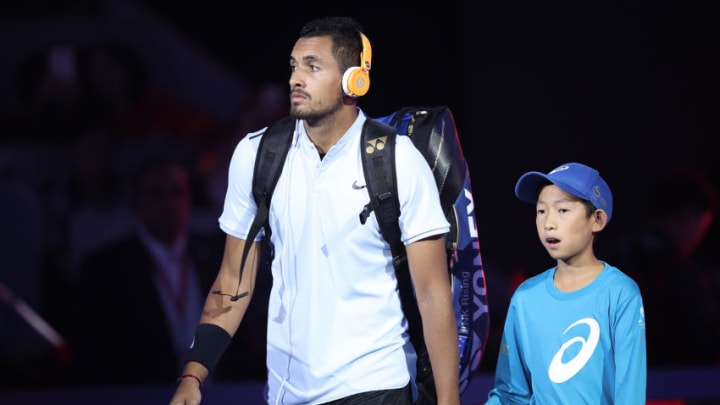 BEIJING, CHINA - OCTOBER 08: Nick Kyrgios of Australia enters the tennis court during the Men's Singles final against Rafael Nadal of Spain on day nine of the 2017 China Open at the China National Tennis Centre on October 8, 2017 in Beijing, China. (Photo by Lintao Zhang/Getty Images)