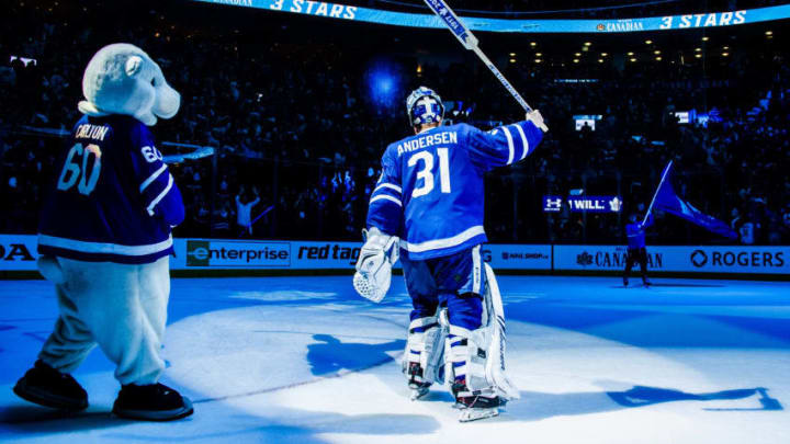 TORONTO, ON – APRIL 23: Frederik Andersen #31 of the Toronto Maple Leafs salutes the crowd after getting the game’s first star against the Boston Bruins in Game Six of the Eastern Conference First Round during the 2018 NHL Stanley Cup Playoffs at the Air Canada Centre on April 23, 2018 in Toronto, Ontario, Canada. (Photo by Mark Blinch/NHLI via Getty Images)