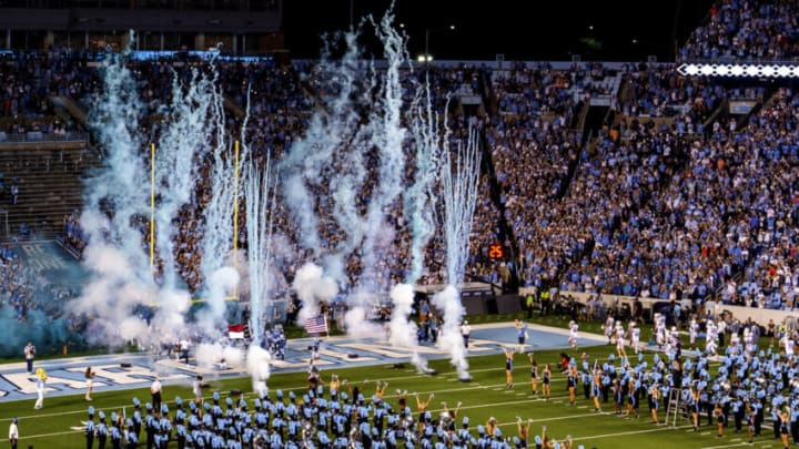 Sep 18, 2021; Chapel Hill, North Carolina, USA; North Carolina Tar Heels run on to the field at Kenan Memorial Stadium. Mandatory Credit: Bob Donnan-USA TODAY Sports