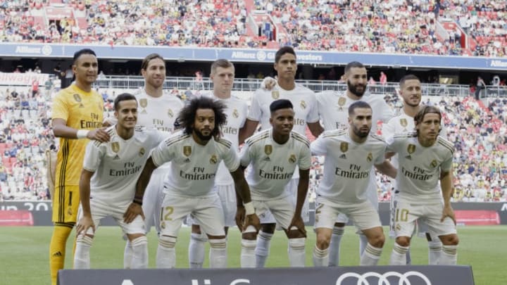 MUNICH, GERMANY - JULY 30: Back row: (L-R) Keylor Navas of Real Madrid, Sergio Ramos of Real Madrid, Toni Kroos of Real Madrid, Raphael Varane of Real Madrid, Karim Benzema of Real Madrid, Eden Hazard of Real MadridFront row: (L-R) Lucas Vazquez of Real Madrid, Marcelo of Real Madrid, Rodrygo of Real Madrid, Dani Carvajal of Real Madrid, Luka Modric of Real Madrid during the Audi Cup match between Real Madrid v Tottenham Hotspur at the Allianz Arena on July 30, 2019 in Munich Germany (Photo by Rico Brouwer/Soccrates/Getty Images)