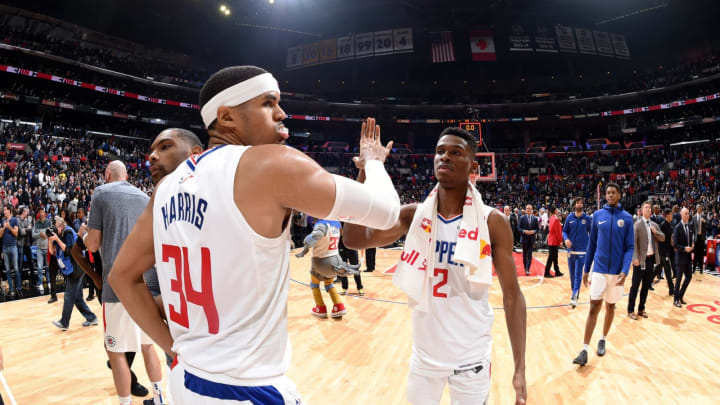 LOS ANGELES, CA – NOVEMBER 12: Tobias Harris #34 and Shai Gilgeous-Alexander #2 of the LA Clippers high five after the game against the Golden State Warriors on November 12, 2018 at STAPLES Center in Los Angeles, California. NOTE TO USER: User expressly acknowledges and agrees that, by downloading and/or using this photograph, user is consenting to the terms and conditions of the Getty Images License Agreement. Mandatory Copyright Notice: Copyright 2018 NBAE (Photo by Andrew D. Bernstein/NBAE via Getty Images)