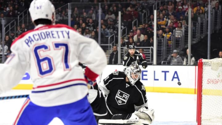 LOS ANGELES, CA - DECEMBER 04: Peter Budaj #31 of the Los Angeles Kings looks back at the puck as Max Pacioretty #67 of the Montreal Canadiens scores for a 1-0 lead during the first period at Staples Center on December 4, 2016 in Los Angeles, California. (Photo by Harry How/Getty Images)