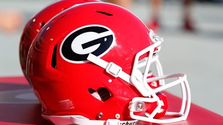 Apr 16, 2016; Athens, GA, USA; Detailed view of a Georgia Bulldogs helmet on the sidelines during the second half of the spring game at Sanford Stadium. The Black team defeated the Red team 34-14. Mandatory Credit: Brett Davis-USA TODAY Sports