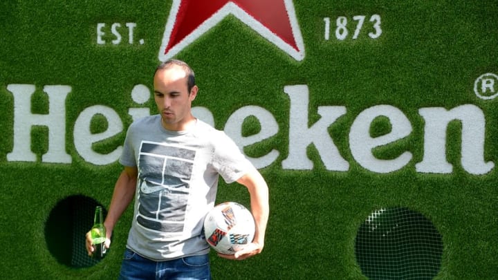 May 22, 2016; Los Angeles, CA, USA; MLS former player Landon Donovan shows off his skills at the official kickoff party of MLS Heineken Rivalry Week at The Heineken House at Siren Studios. Heineken is celebrating the first Rivalry week of the 2016 MLS season with a watch party for the game between the Los Angeles Galaxy and San Jose Earthquakes. Mandatory Credit: Jayne Kamin-Oncea-USA TODAY Sports