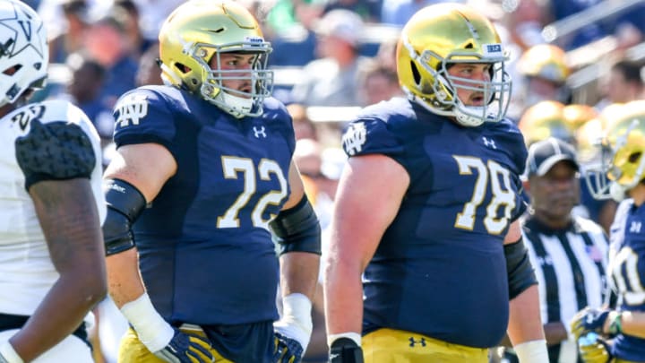 Sep 15, 2018; South Bend, IN, USA; Notre Dame Fighting Irish offensive lineman Robert Hainsey (72) and offensive lineman Tommy Kraemer (78) in the first quarter against the Vanderbilt Commodores at Notre Dame Stadium. Mandatory Credit: Matt Cashore-USA TODAY Sports