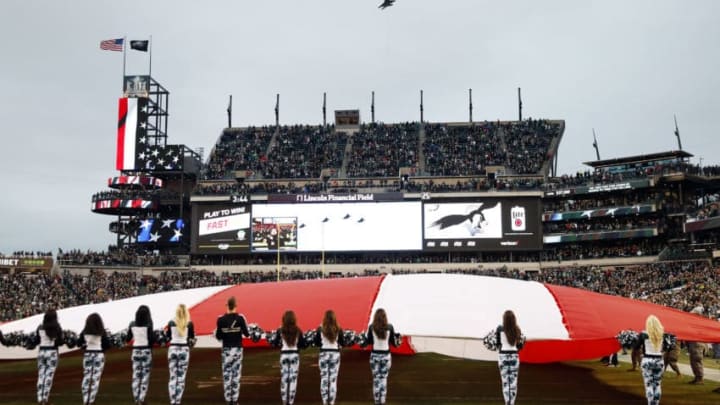 PHILADELPHIA, PENNSYLVANIA - NOVEMBER 17: Military aircraft perform a flyover before the game between the Philadelphia Eagles and the New England Patriots at Lincoln Financial Field on November 17, 2019 in Philadelphia, Pennsylvania. (Photo by Elsa/Getty Images)