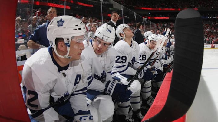 NEWARK, NJ - APRIL 05: Patrick Marleau #12, Auston Matthews #34 and William Nylander #29 of the Toronto Maple Leafs prepare to play against the New Jersey Devils at the Prudential Center on April 5, 2018 in Newark, New Jersey. The Devils defeated the Maple Leafs 2-1 to clinch a playoff position. (Photo by Bruce Bennett/Getty Images)